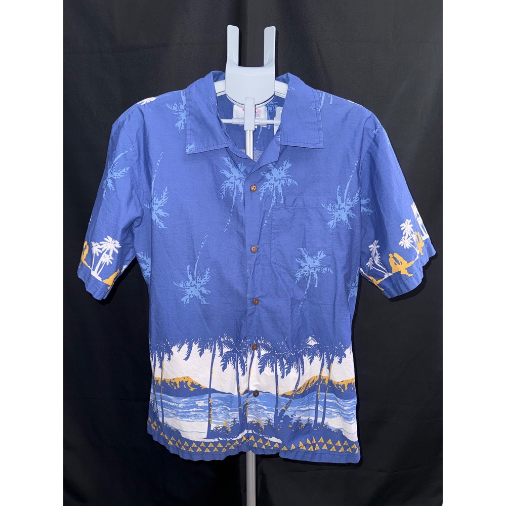 Hawaii Hangover Mens Blue Tropical Palm Tree Rayon Aloha Camp Shirt size L